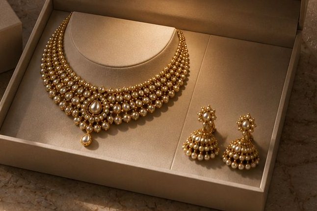A pearl and gold necklace with matching jhumka earrings set in an open presentation case