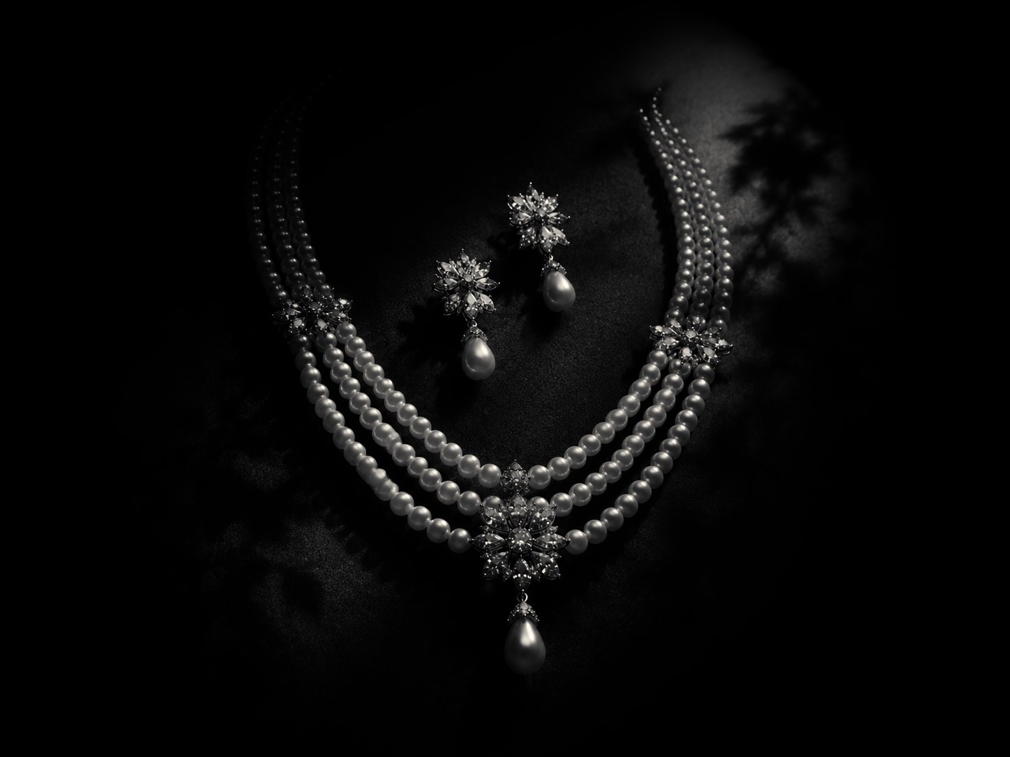 By Moonlight, pearl necklace and diamond drop earrings
