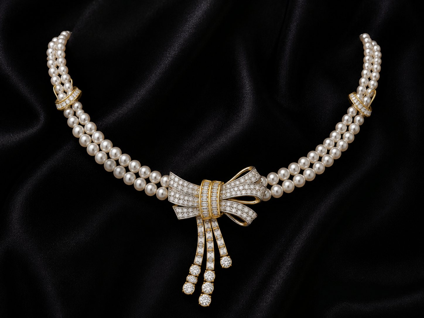 The Promise Knot, three-row diamond bow necklace in platinum