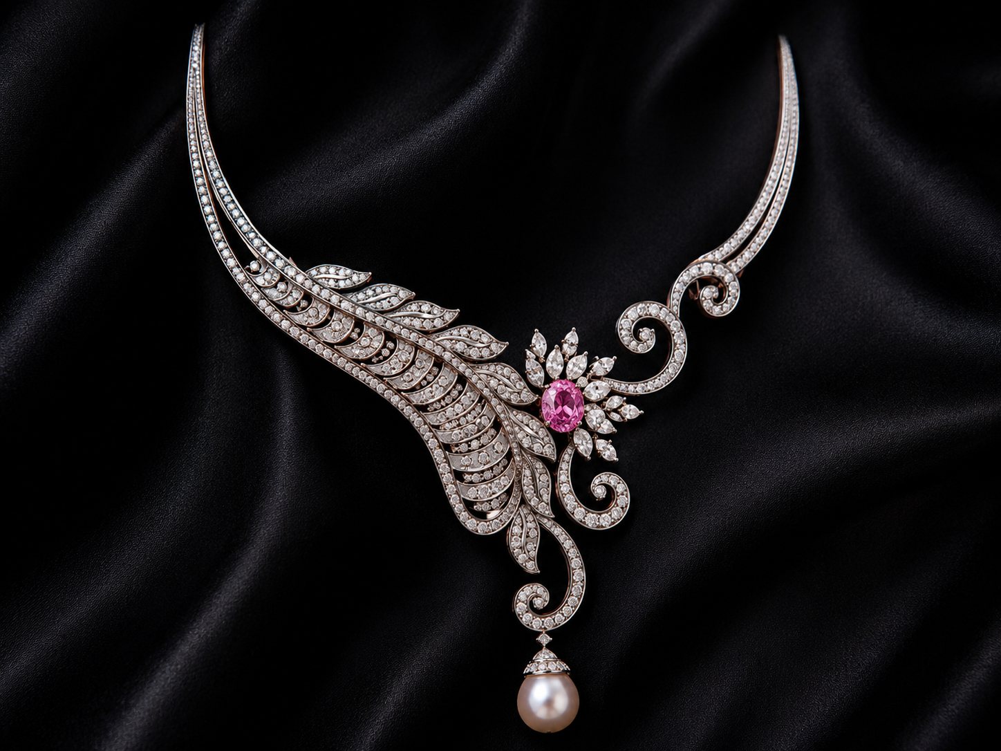 Rosaflame, diamond feather necklace with pink sapphire centre and pearl drop