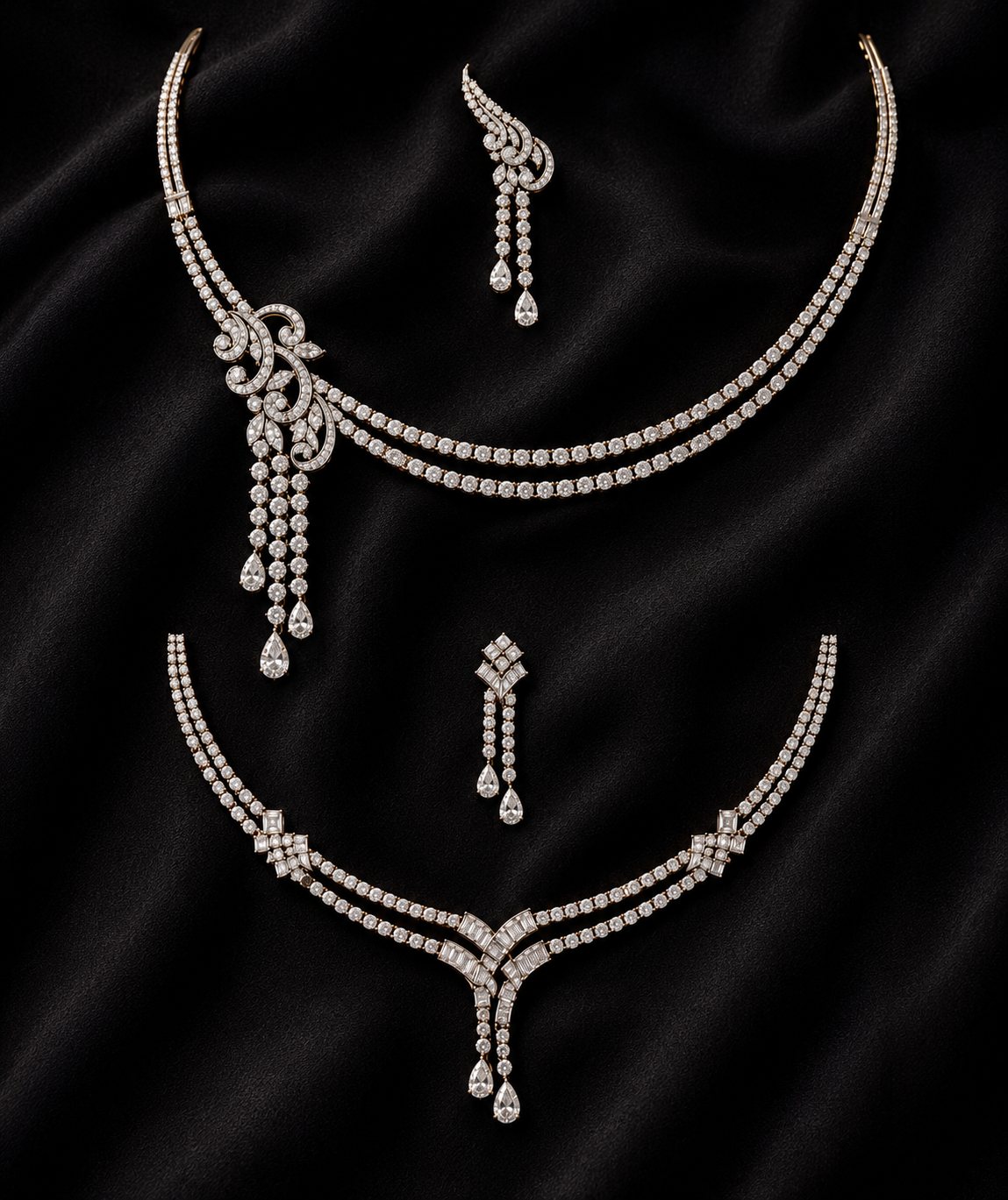 Twin Symphony, two diamond necklace and earring sets, scroll and baguette