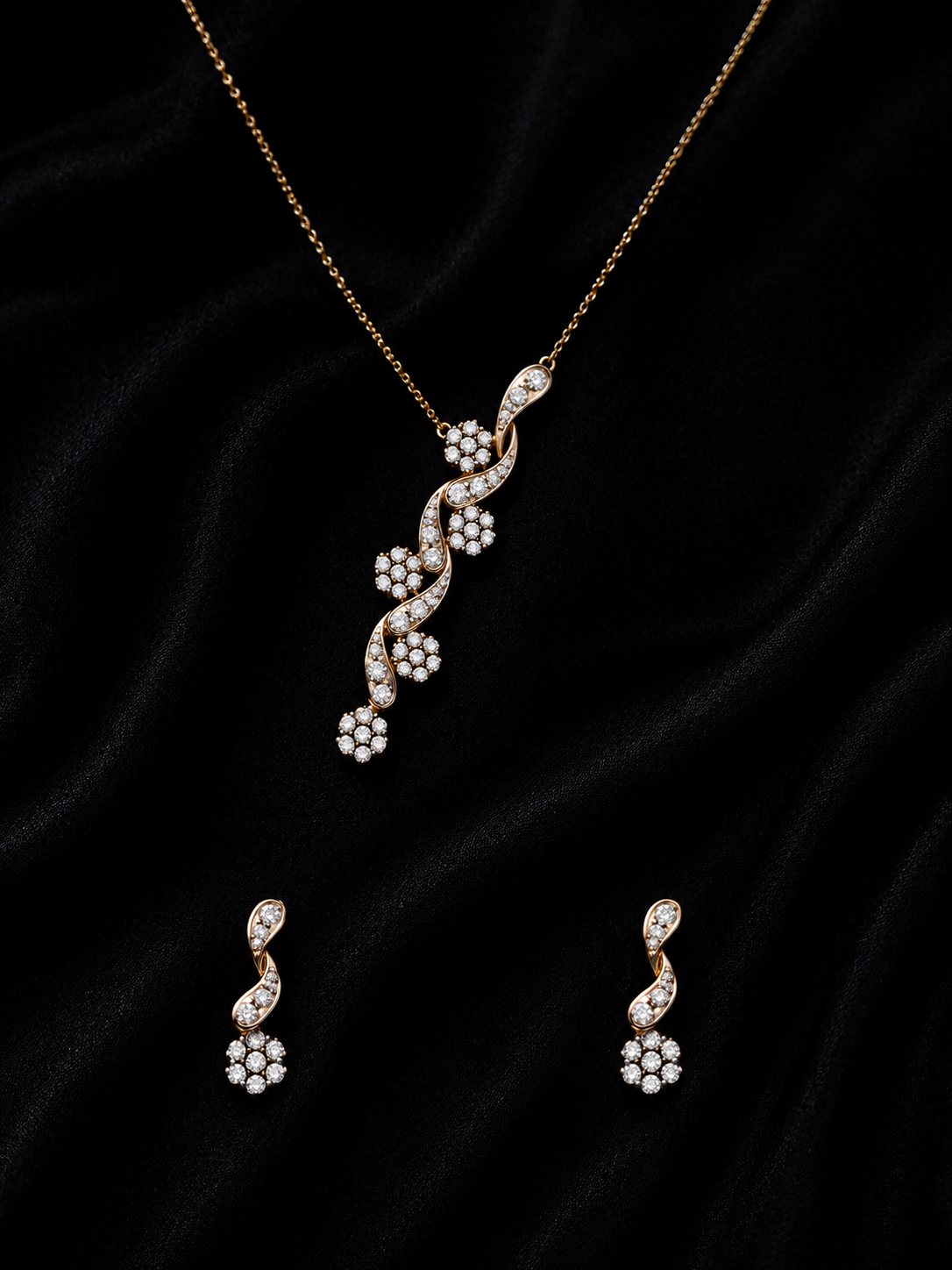 Whispering Vine, diamond floral spiral pendant set with earrings