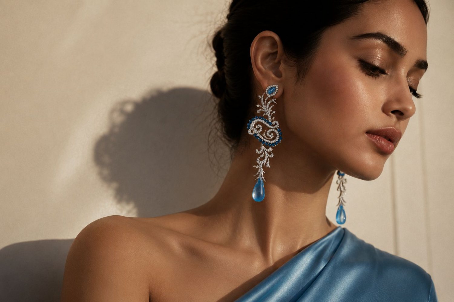 A woman in blue silk wearing sapphire and diamond chandelier earrings, in soft afternoon light