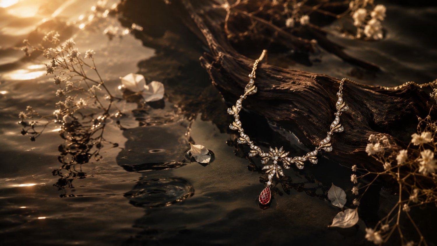 A gold, diamond and ruby necklace resting at the water's edge in low sun
