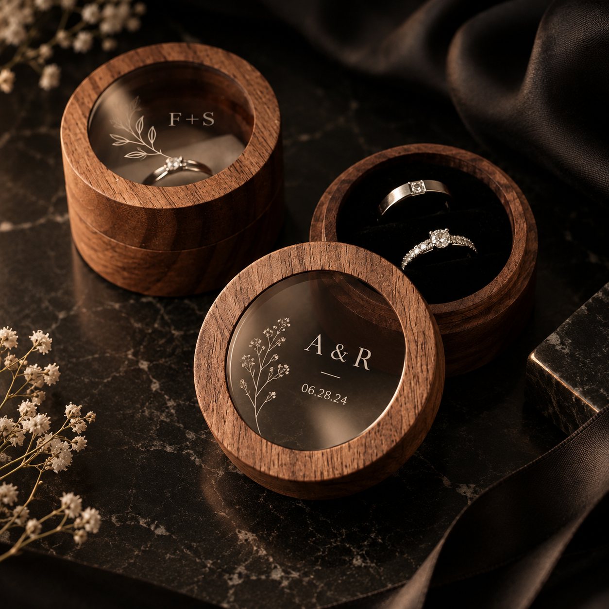 Proposal Experience Box · Two Names One Date, walnut ring boxes engraved with initials and a date