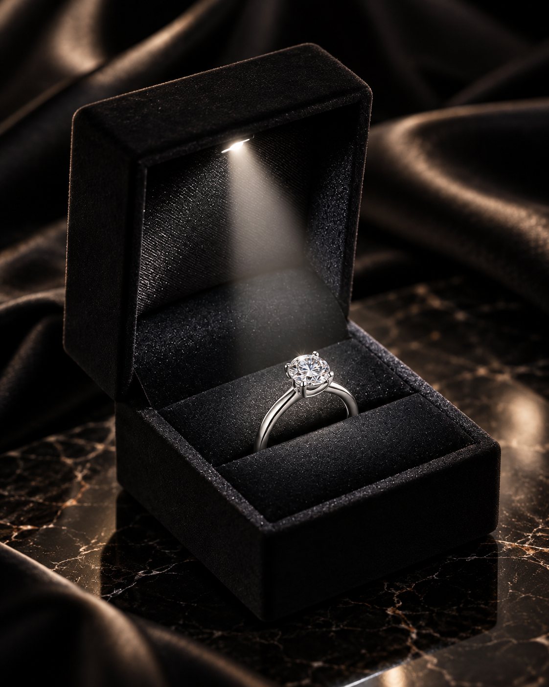 Proposal Experience Box · First Light, a black velvet case with an interior light on a solitaire