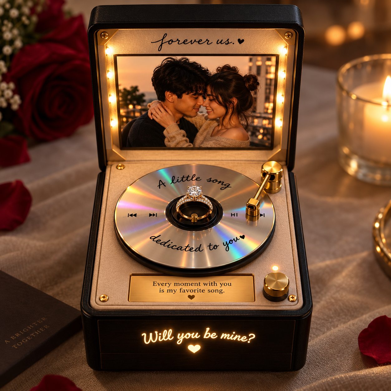 The Little Song experience box open, its lit photograph above the turntable and the ring at the centre