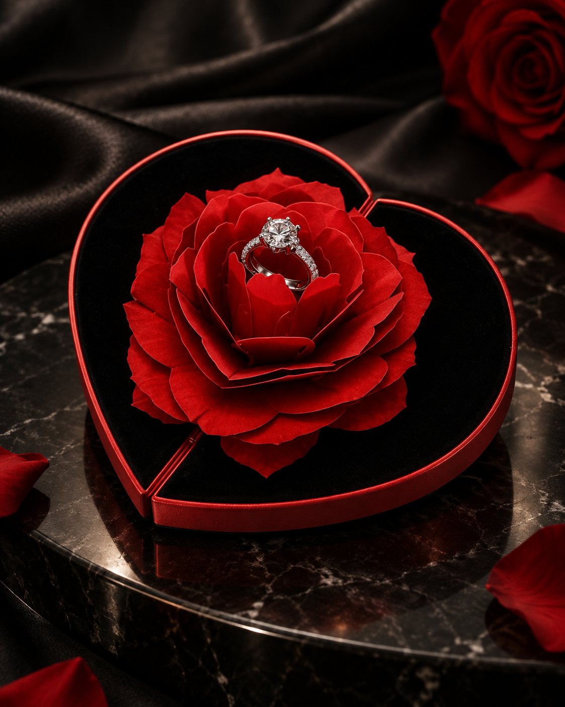 Proposal Experience Box · Heart in Bloom, a heart-shaped case holding a solitaire within red rose petals