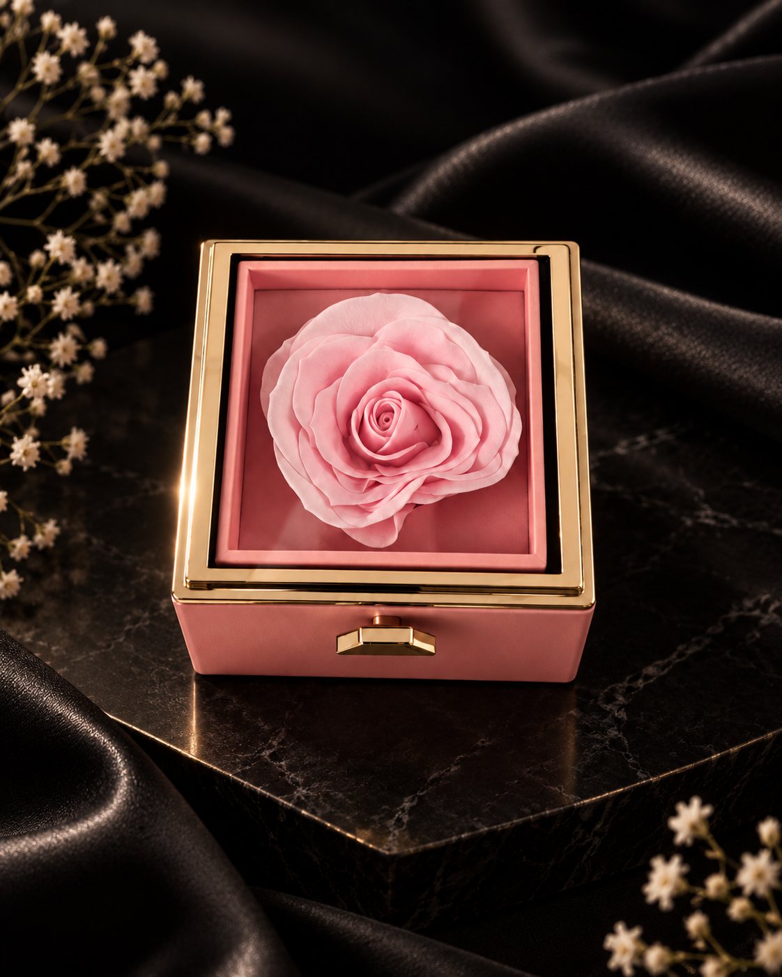 Proposal Experience Box · The Everlasting Rose, a gold-framed blush box with a preserved rose
