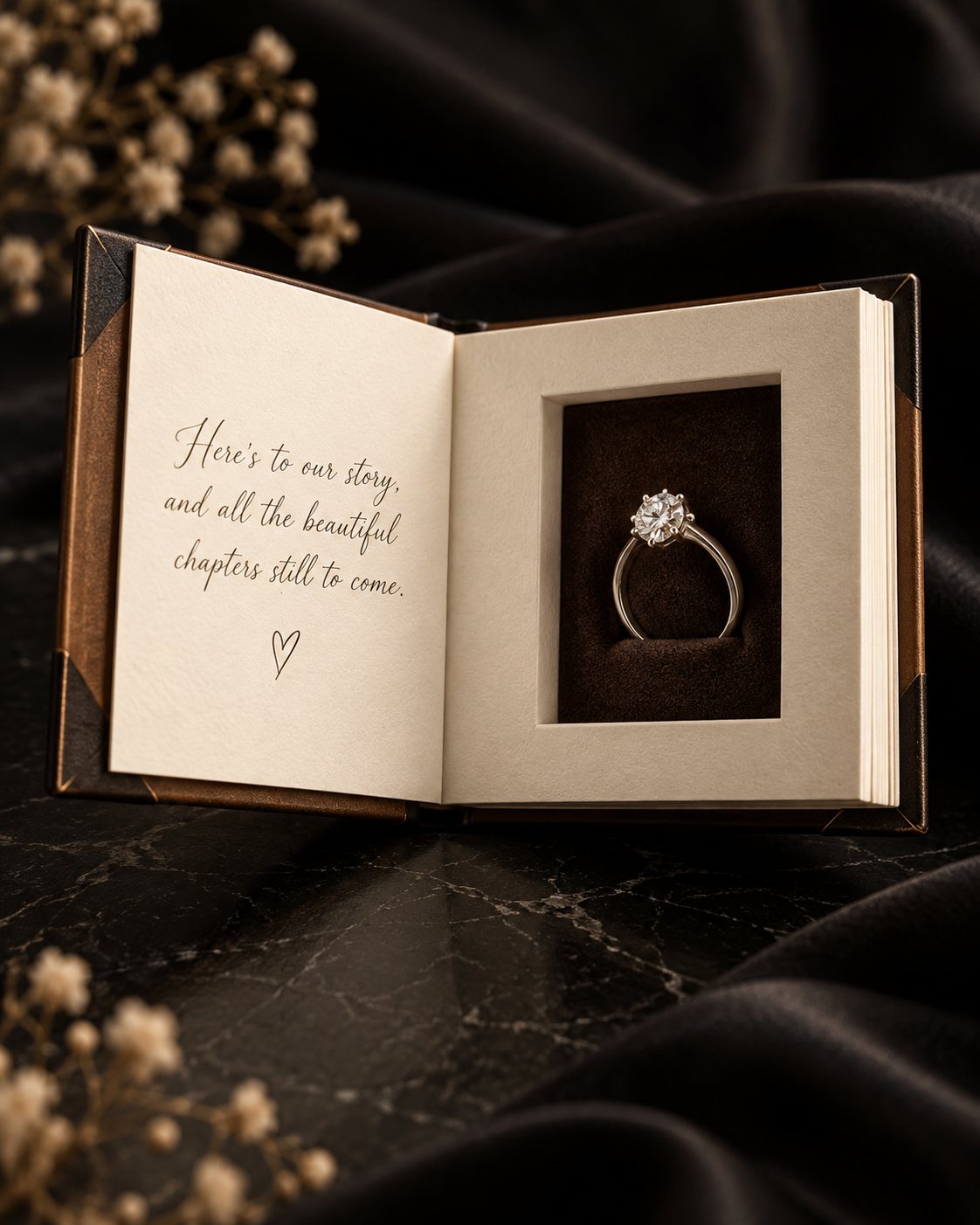 Proposal Experience Box · Our Story, a book-shaped case with a handwritten page and the ring set into the facing leaf