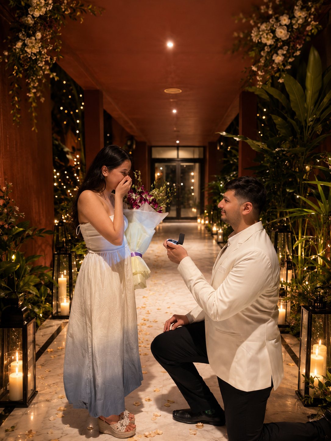 A proposal by candlelight in a lantern-lit corridor, ring box open