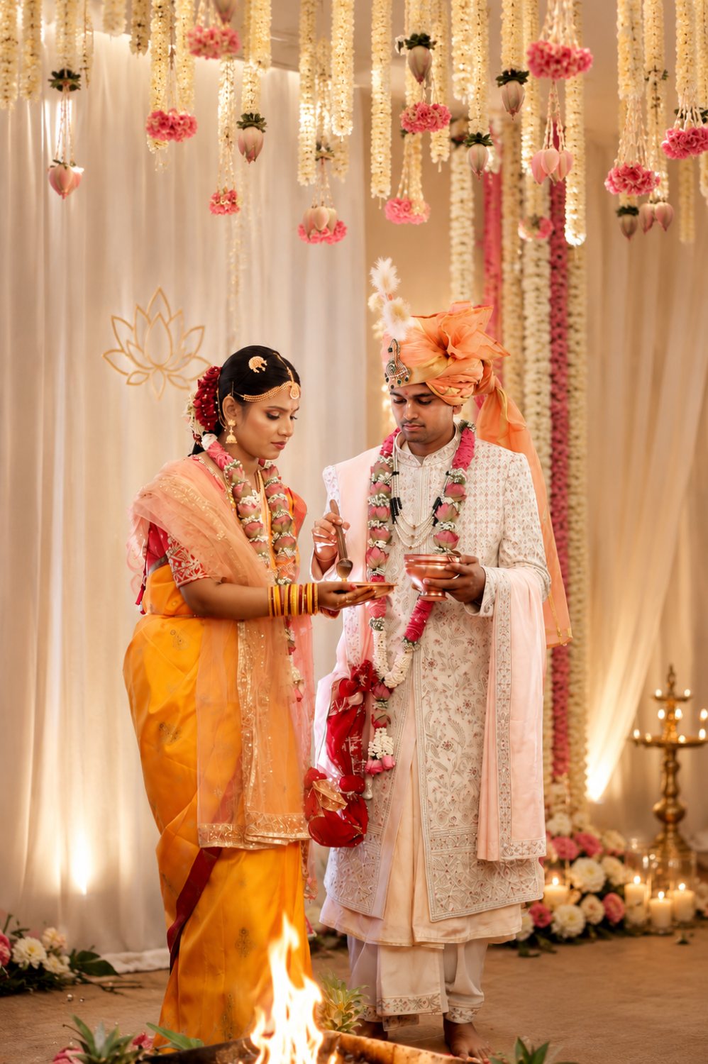 A bride and groom exchanging offerings at the sacred fire beneath jasmine garlands