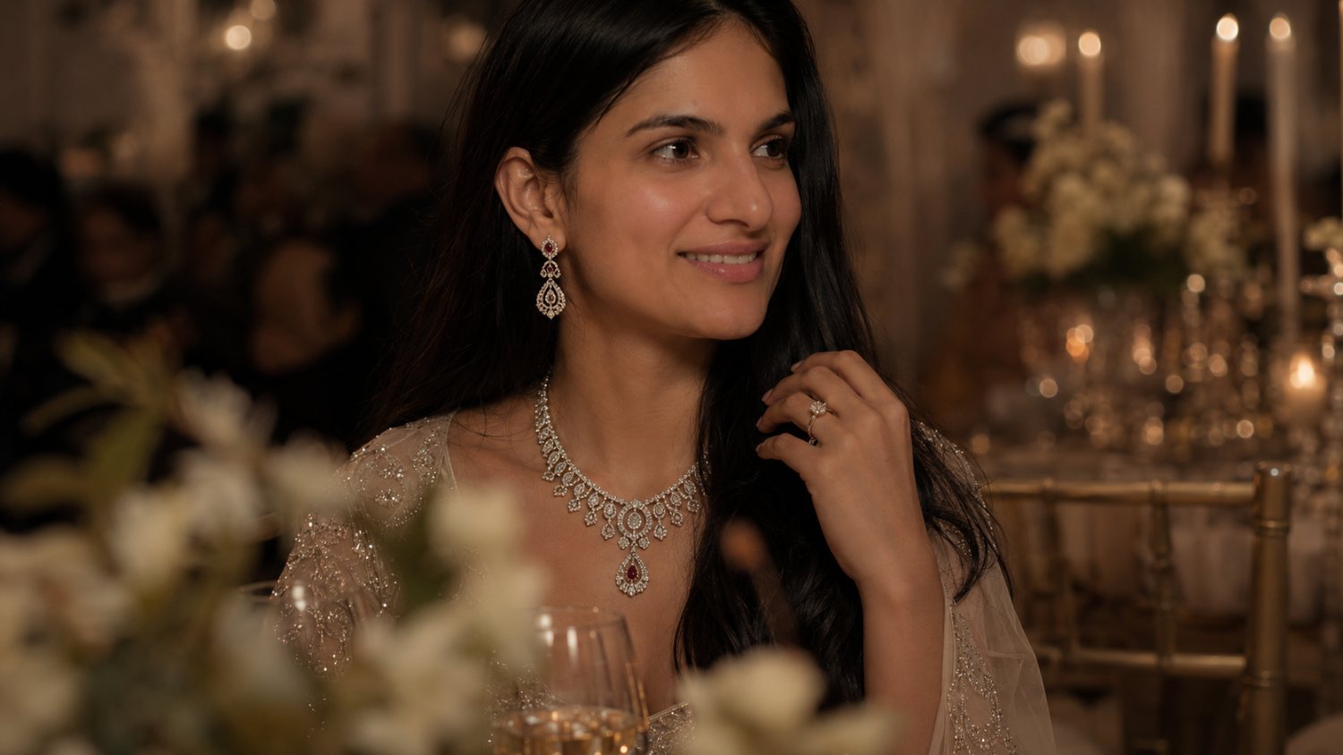 A woman at a candlelit celebration wearing a diamond and ruby necklace with matching earrings