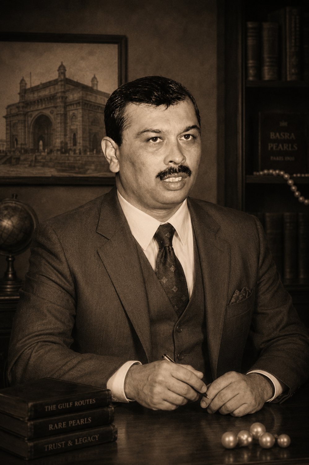 Sepia portrait of the founder at his desk, with a painting of the Gateway of India and a volume on Basra pearls behind him