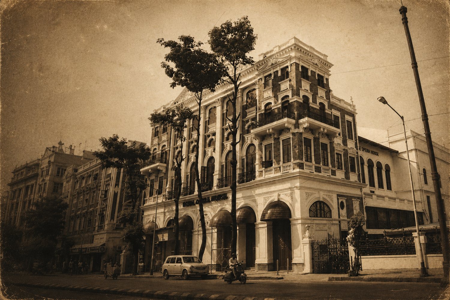 A vintage sepia photograph of an ornate heritage building on a Mumbai street