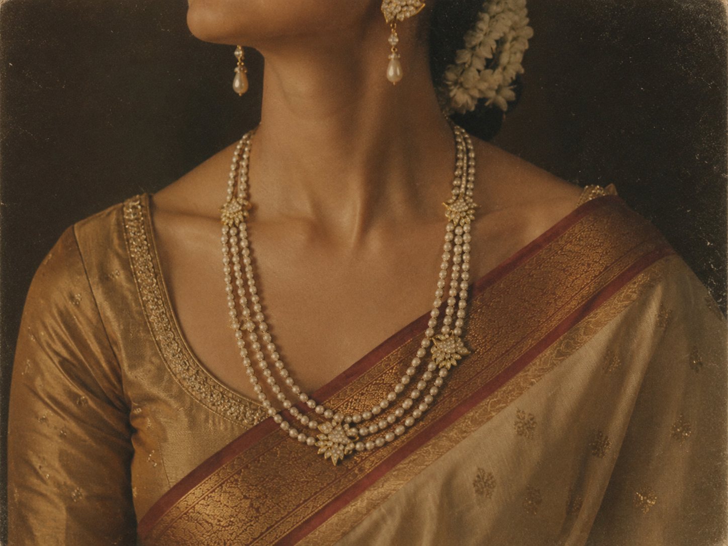 A woman in a gold silk sari wearing a three-strand pearl necklace with star-shaped clasps and pearl drop earrings