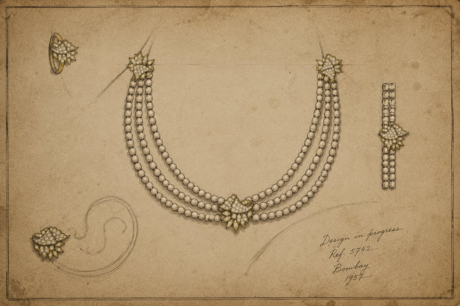 A hand-drawn 1957 Bombay atelier sketch of a three-strand pearl necklace with matching ring, earring and bracelet