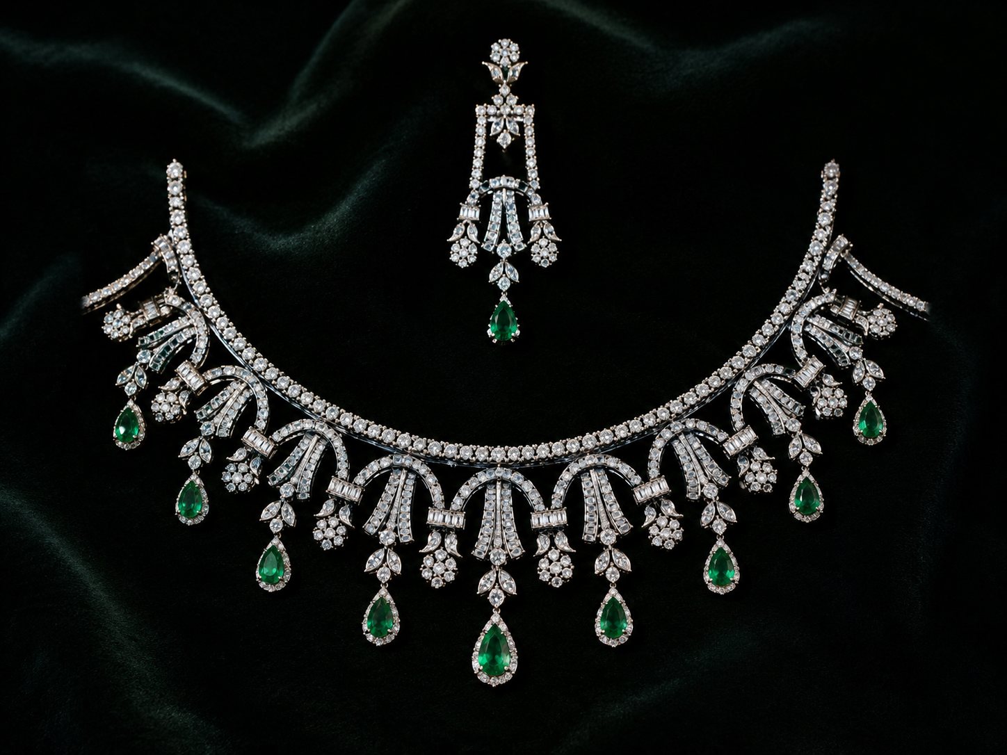 Celestial Pavilion, diamond necklace of pear-set arches with matching earrings