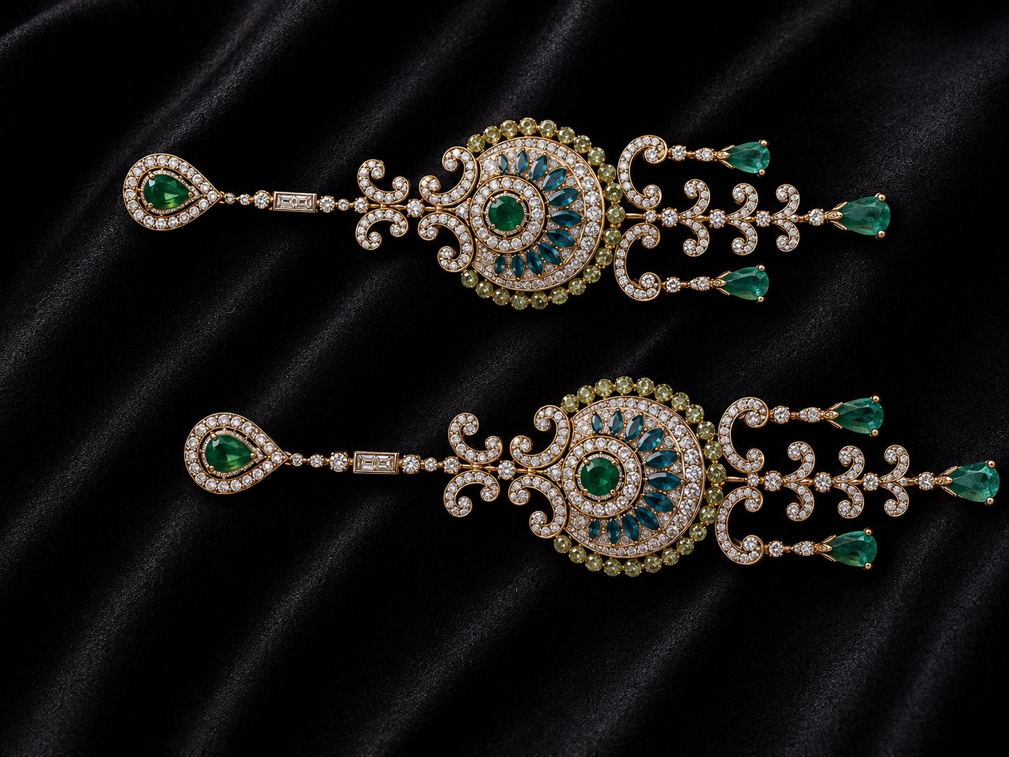Emerald Rhapsody, diamond bib necklace with pear emerald drops and matching pendant earring