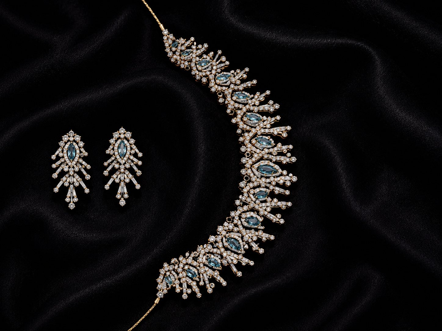 Midnight Tide, aquamarine and diamond necklace with fan-set earrings
