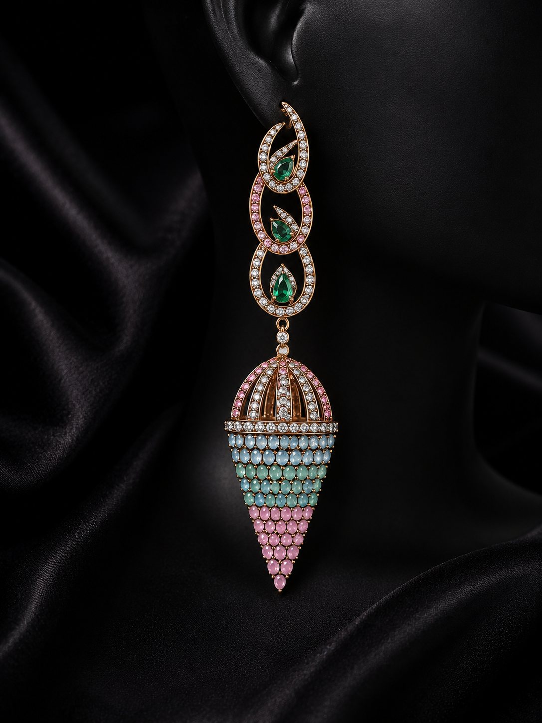 Palace Lights, pastel cabochon and diamond chandelier jhumka earring