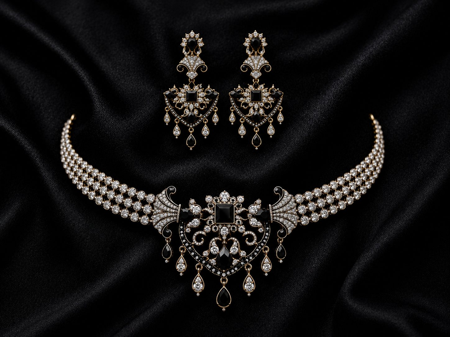 Raven Crown, three-row diamond choker with black stone centre and chandelier earrings