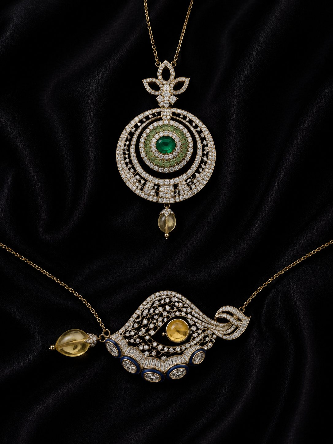 The Regal Eye, diamond chandelier pendant and earring with pink rubellite drops