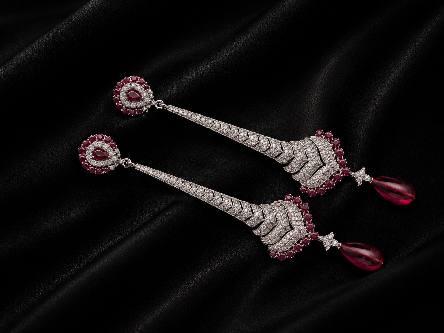 Shades of Red, ruby and diamond long chandelier earrings in platinum