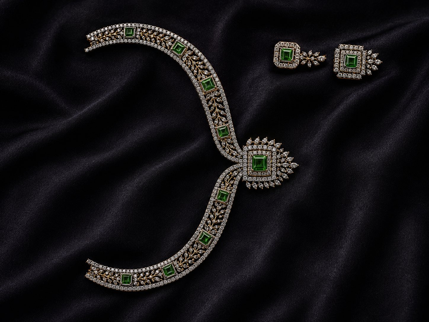 The Sovereign Curve, emerald and diamond necklace with square-set earrings
