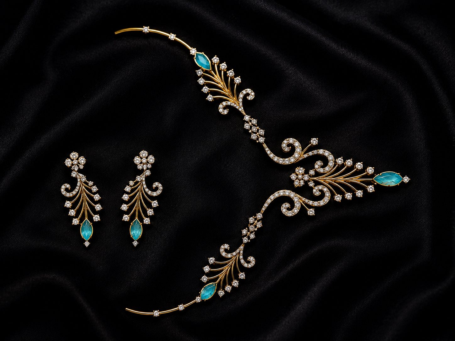 Verdant Reverie, turquoise and diamond vine necklace with leaf earrings