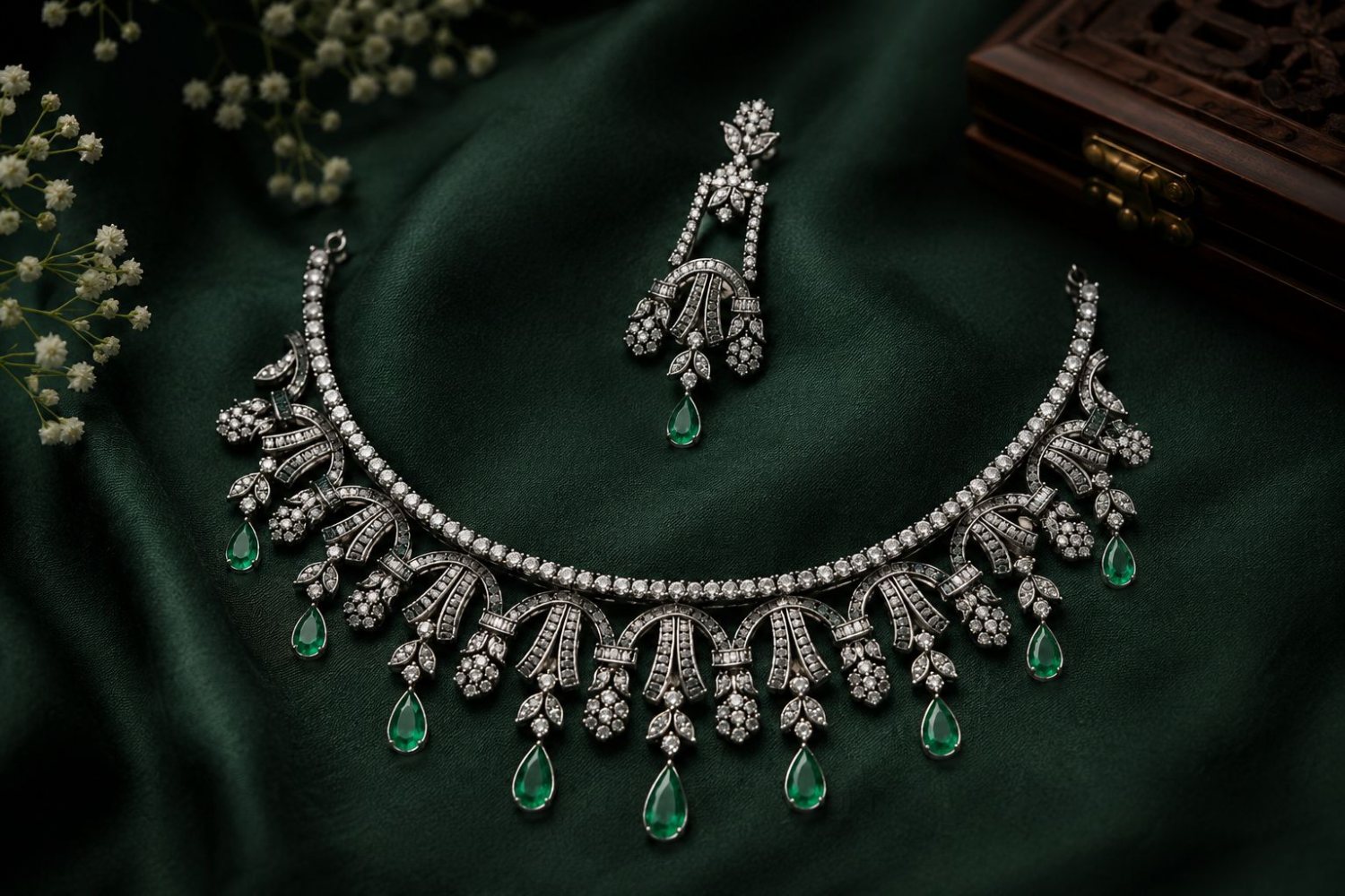 An emerald and old-cut diamond necklace and earrings laid on deep green silk