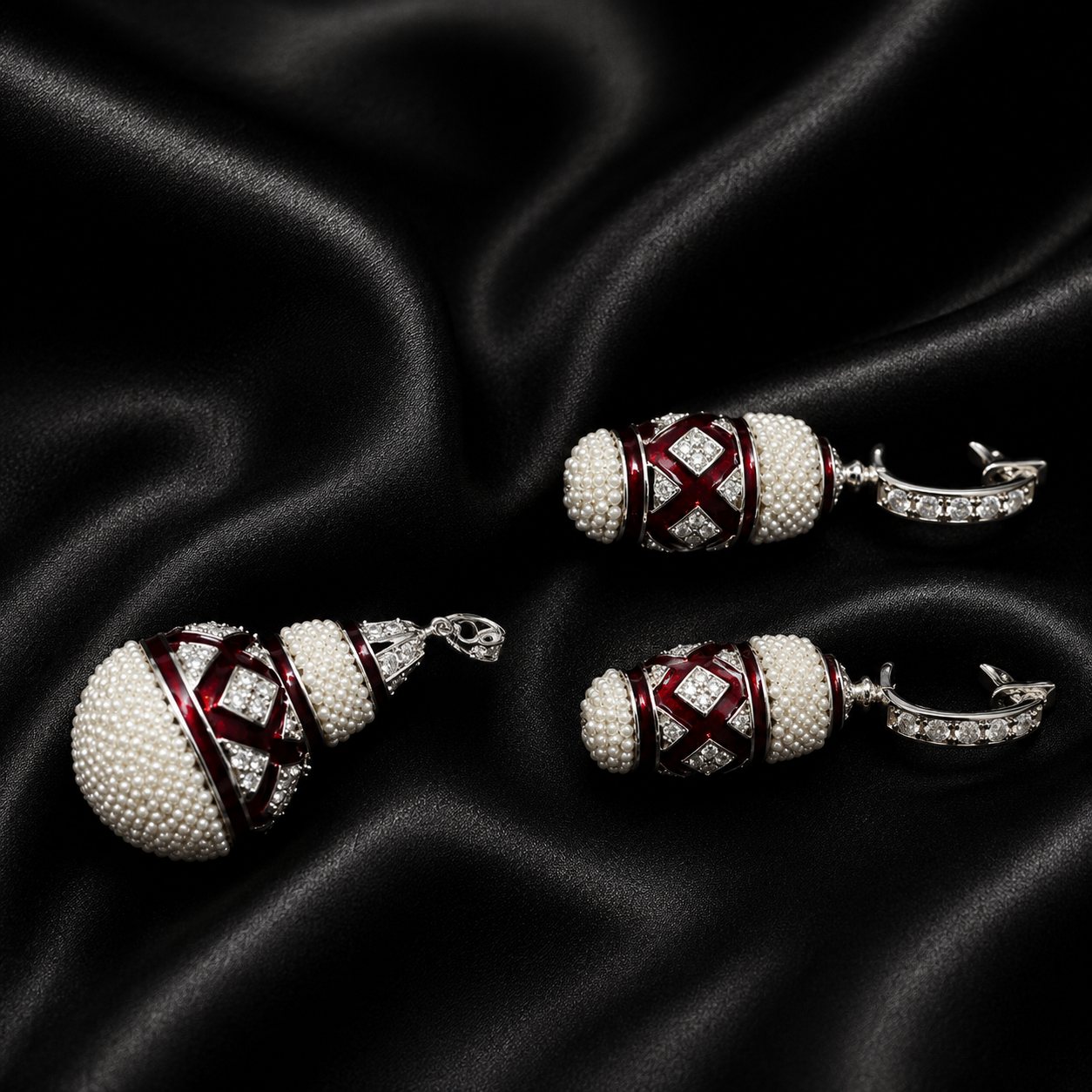 The Forbidden Treasury, seed pearl and red enamel drop earrings with a matching pendant