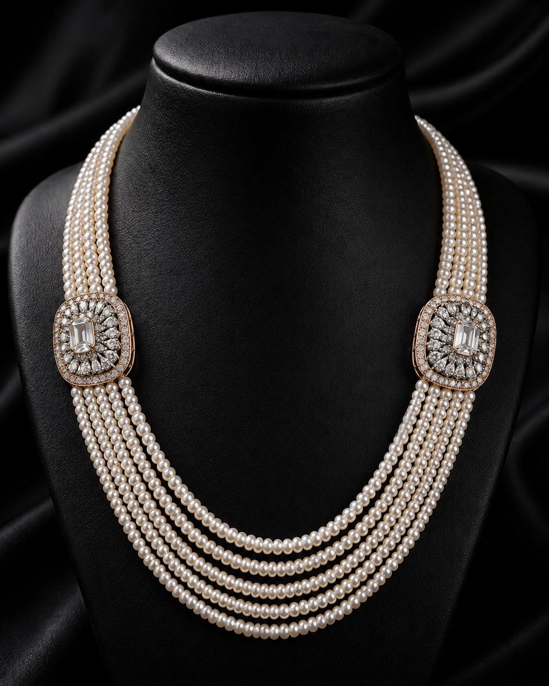 House of Pearls, a five-strand pearl necklace with two diamond and baguette clasps