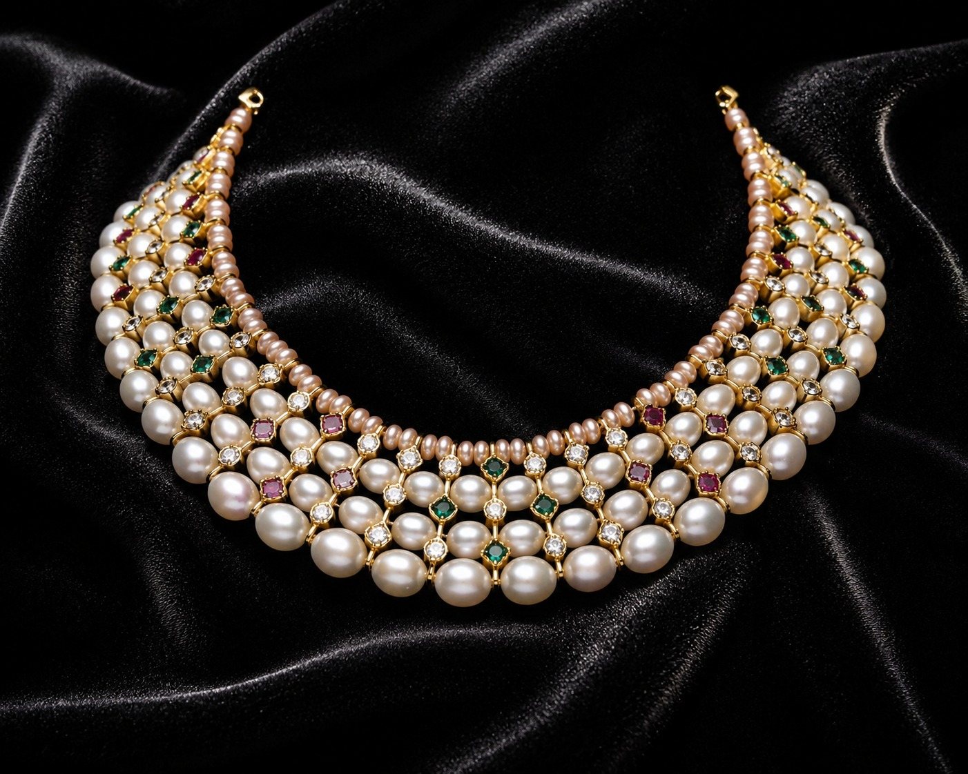The Maharani’s Garden, a multi-row pearl collar set with emeralds, rubies and diamonds in gold
