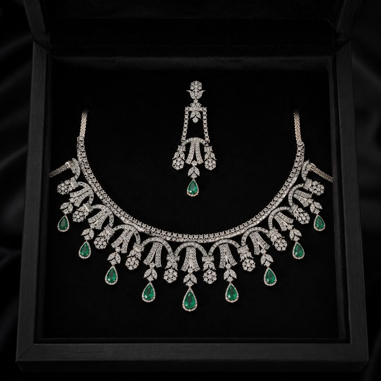 The Emerald Pear, pear emeralds and diamonds in white gold