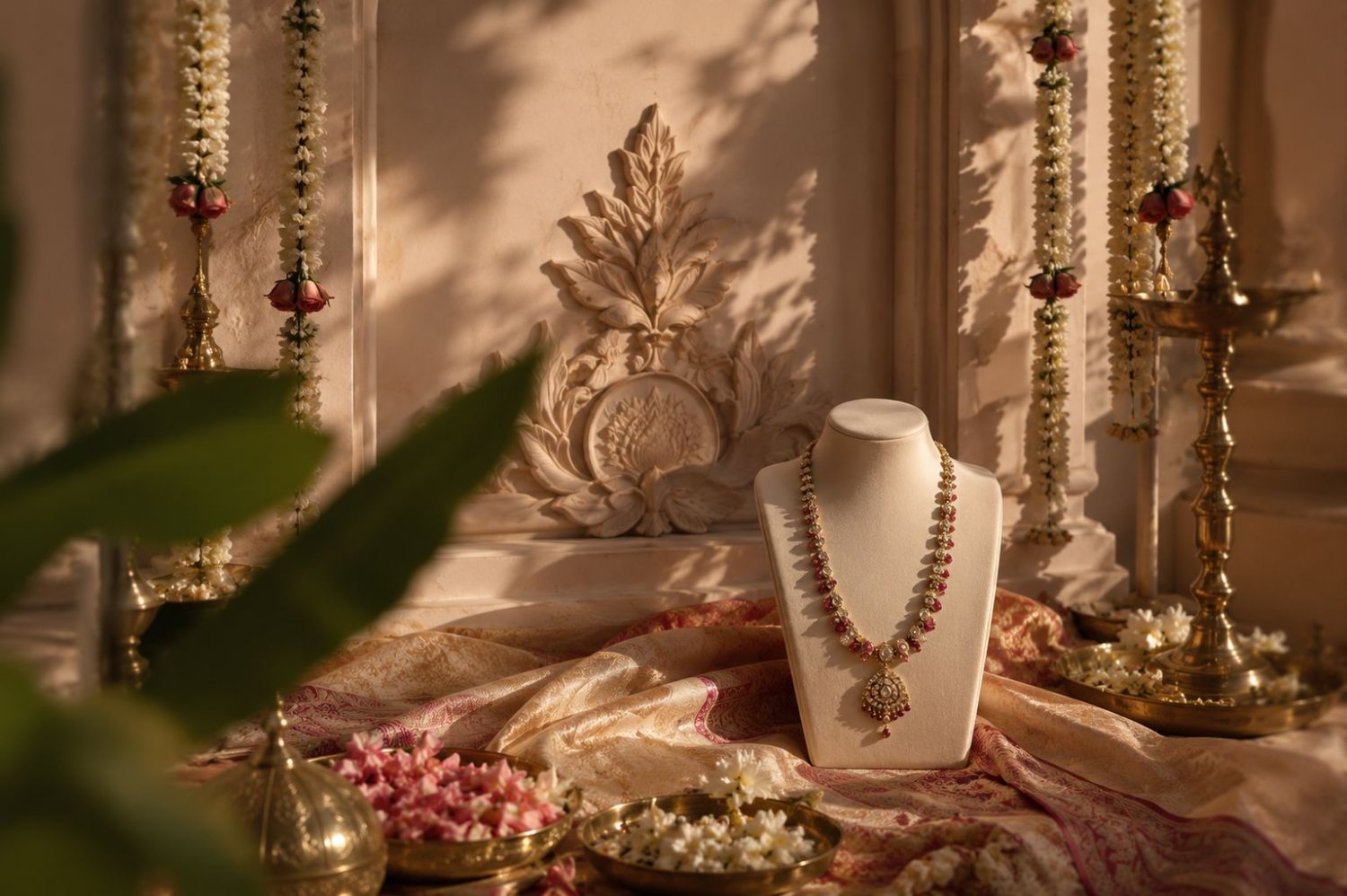 A gold and gem-set necklace on a stand amid jasmine garlands and brass temple lamps