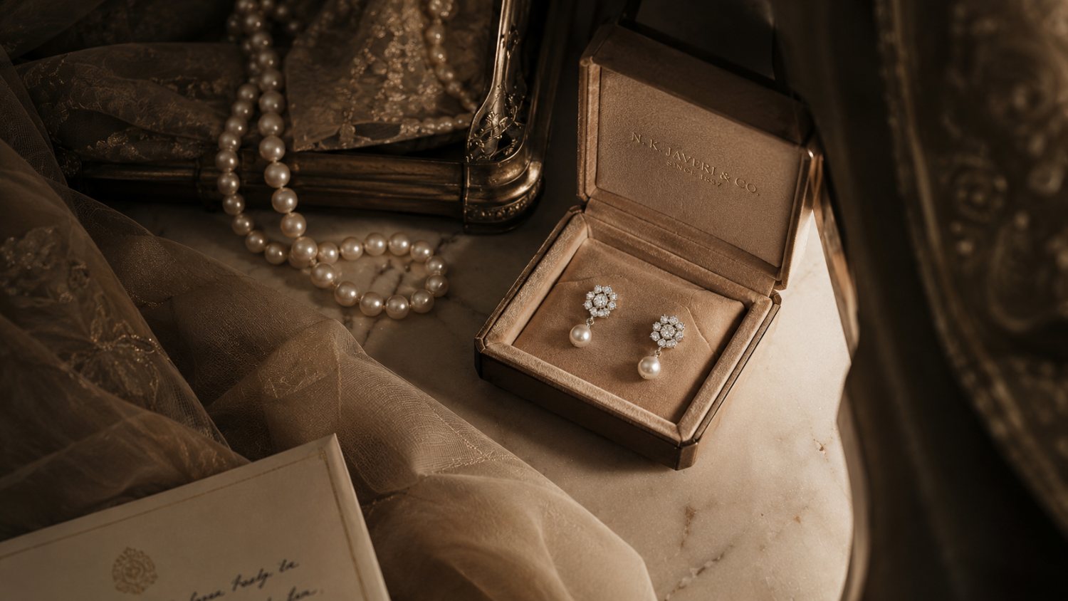 Pearl and diamond earrings in a presentation box beside a handwritten note