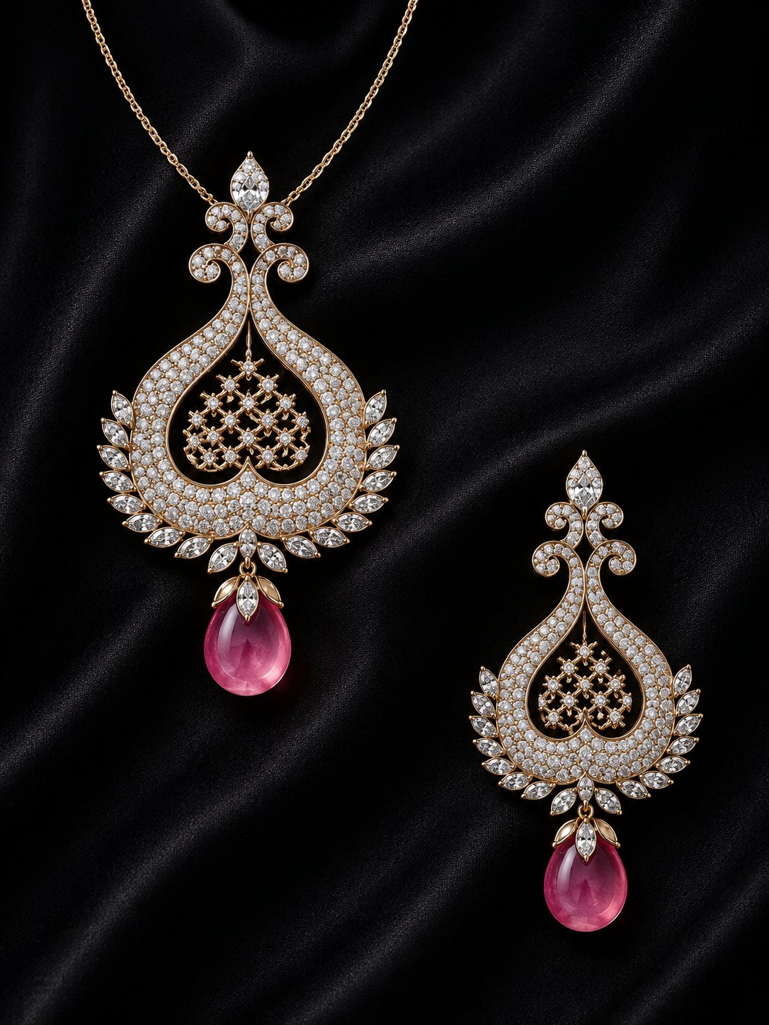 Amora, diamond scroll pendant with a small ruby flower