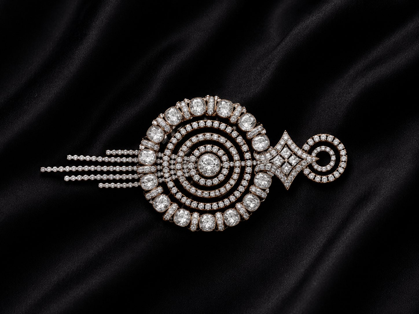 Astra, a circular diamond brooch with tasselled diamond lines