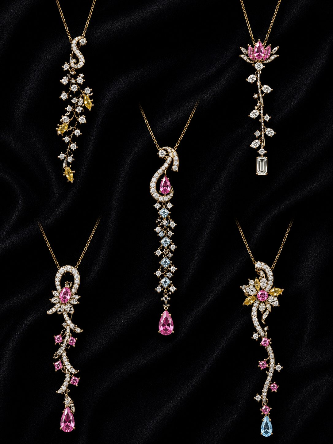 Blossom Cascade, five pendant necklaces with pink and blue stones