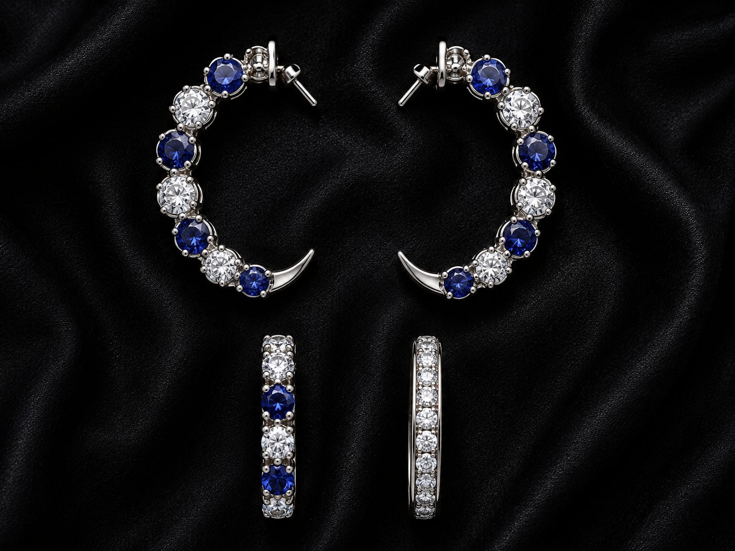 Blue Bard, sapphire and diamond crescent hoop earrings in white gold