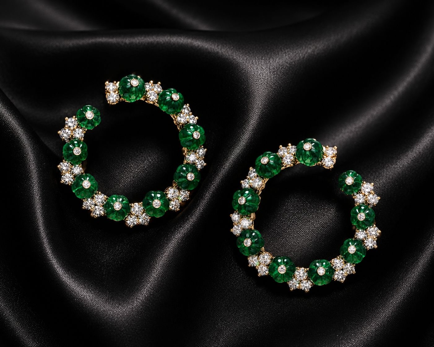 The Emerald Wreath, carved emerald bead and diamond earrings