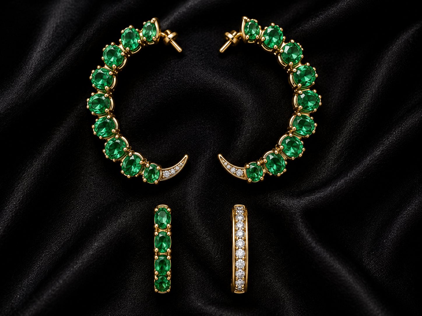 Green Grace, emerald crescent hoop earrings with diamond huggies