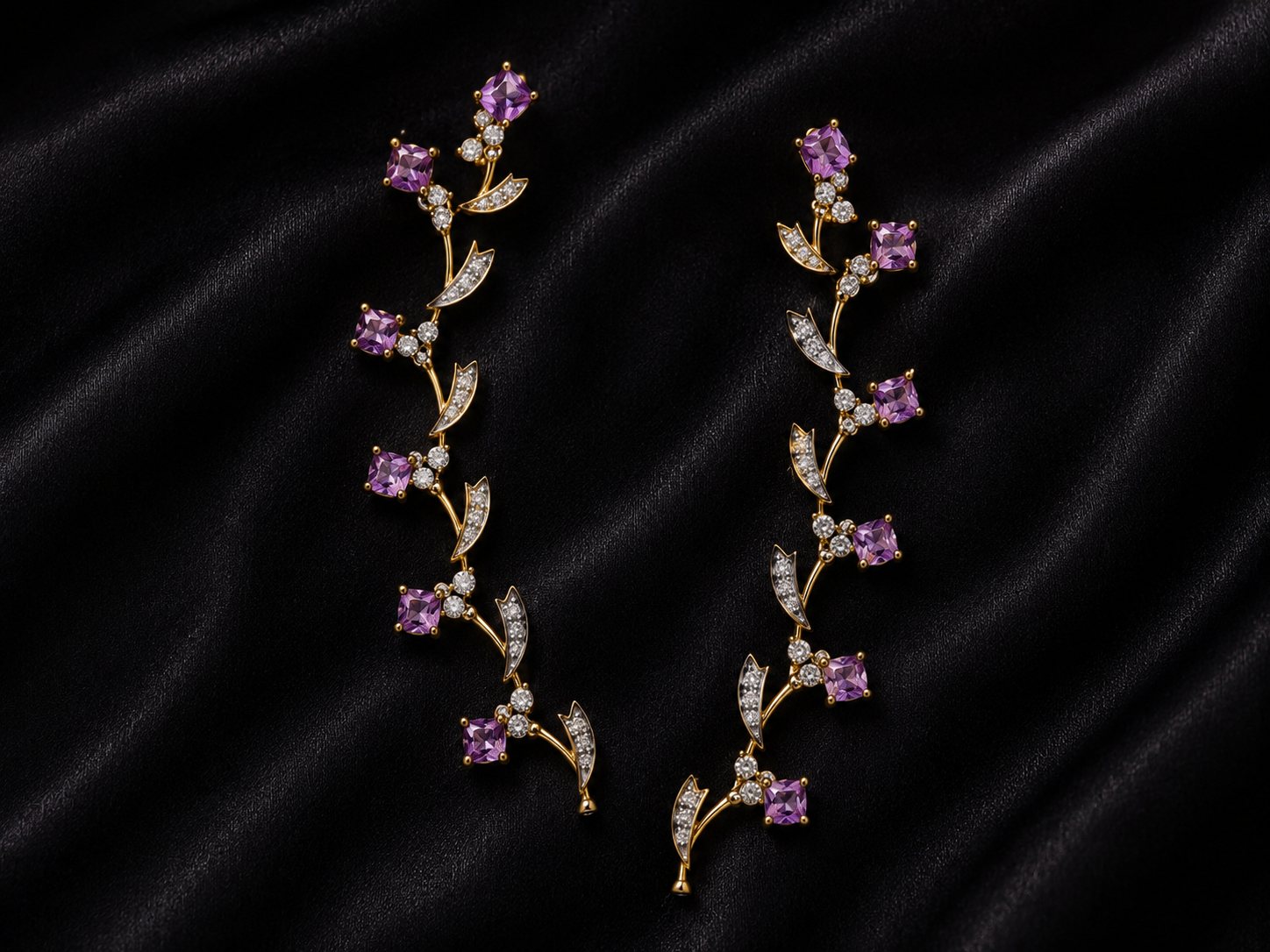 Lavender Whisper, amethyst and diamond vine drop earrings