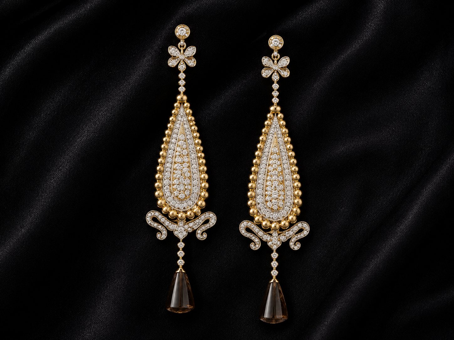 Noir Cascade, four gold bead and diamond drop earring designs with smoky quartz