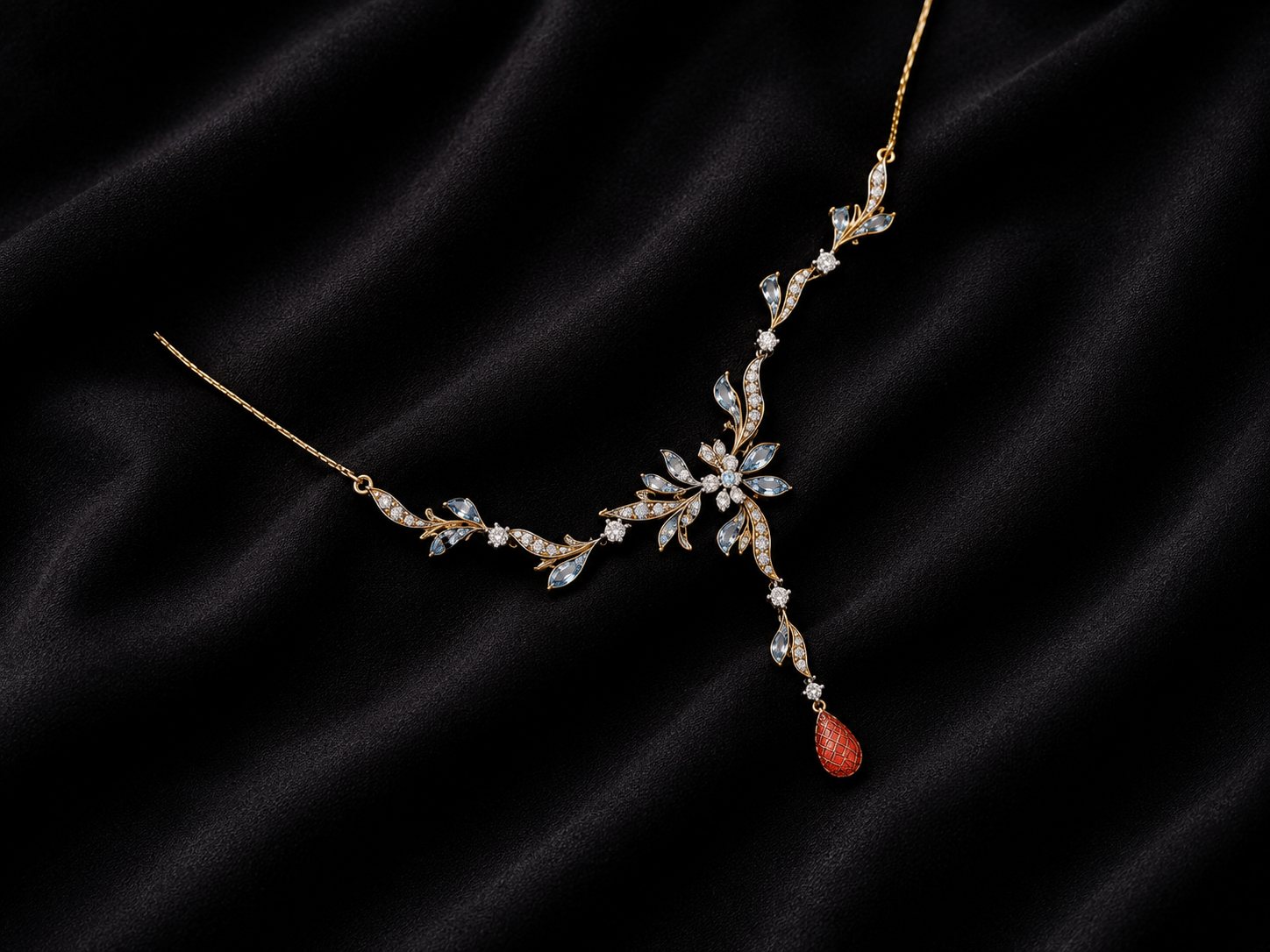 Petal Symphony, aquamarine and diamond floral necklace with coral drop