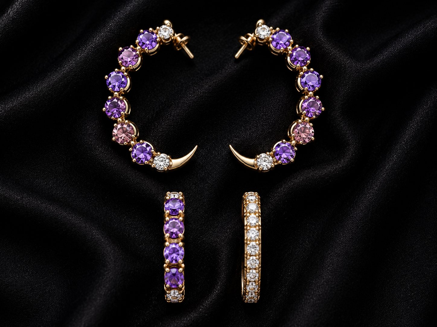 Purple Palace, amethyst crescent hoop earrings with diamond huggies