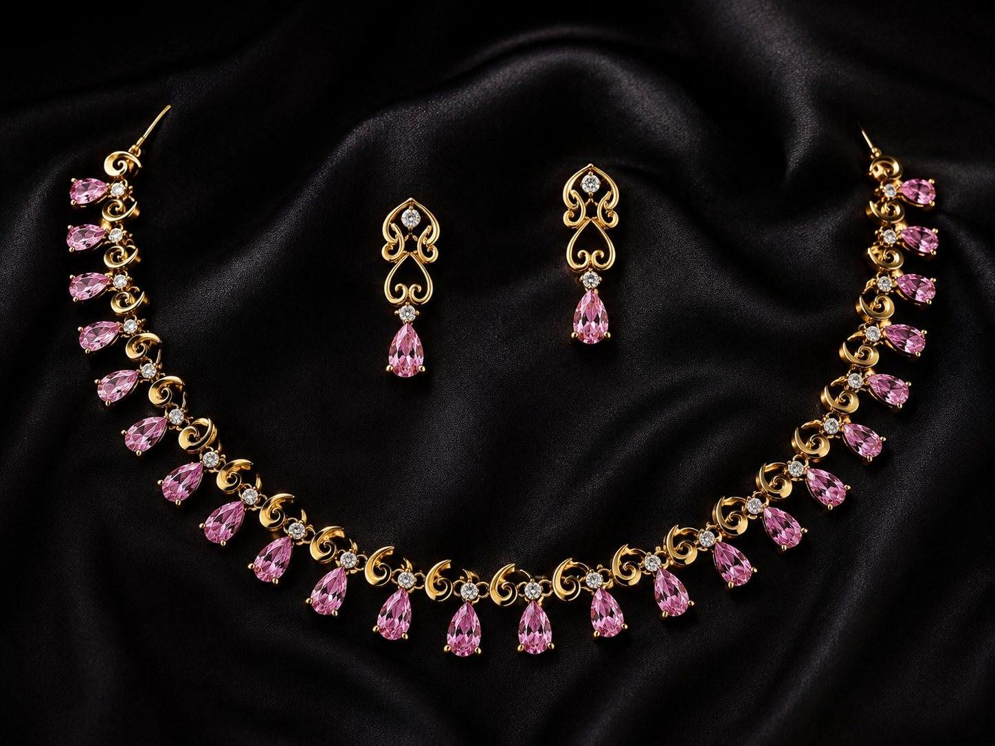 Roselle, pink pear-drop necklace and earring set in gold